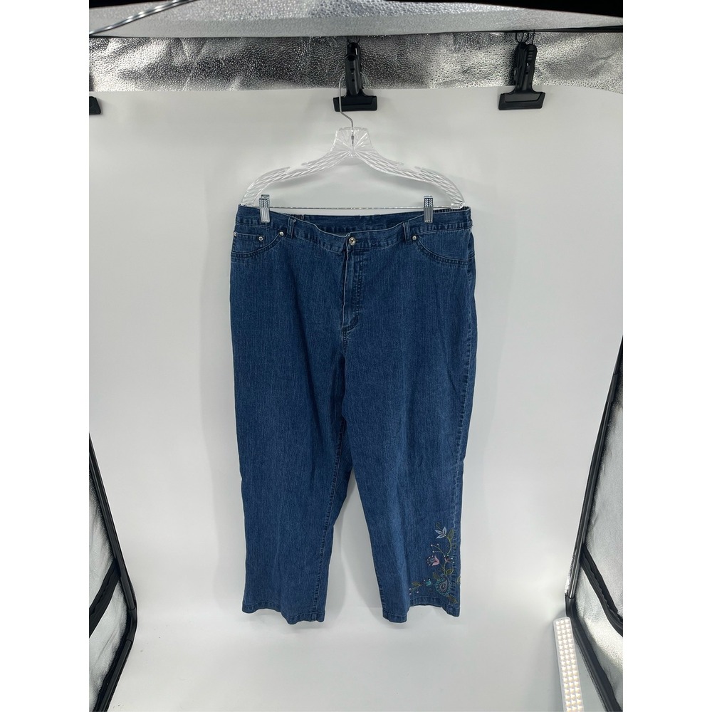 Alfred Dunner Woman Blue Floral Embroidered Straight Leg Jeans Plus Size 18W
